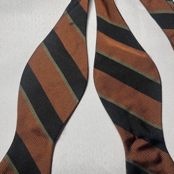 Vintage Robert Talbott 100% Silk Bow Tie Brown Green Black Stripe Adjustable - Picture 2 of 4